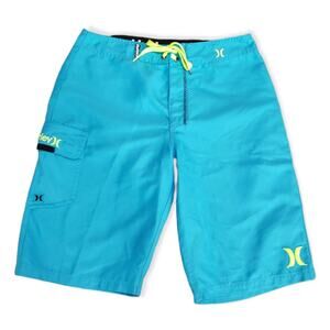Hurley Bright Neon Blue Yellow String Tie Board Shorts - Swimming Trunks